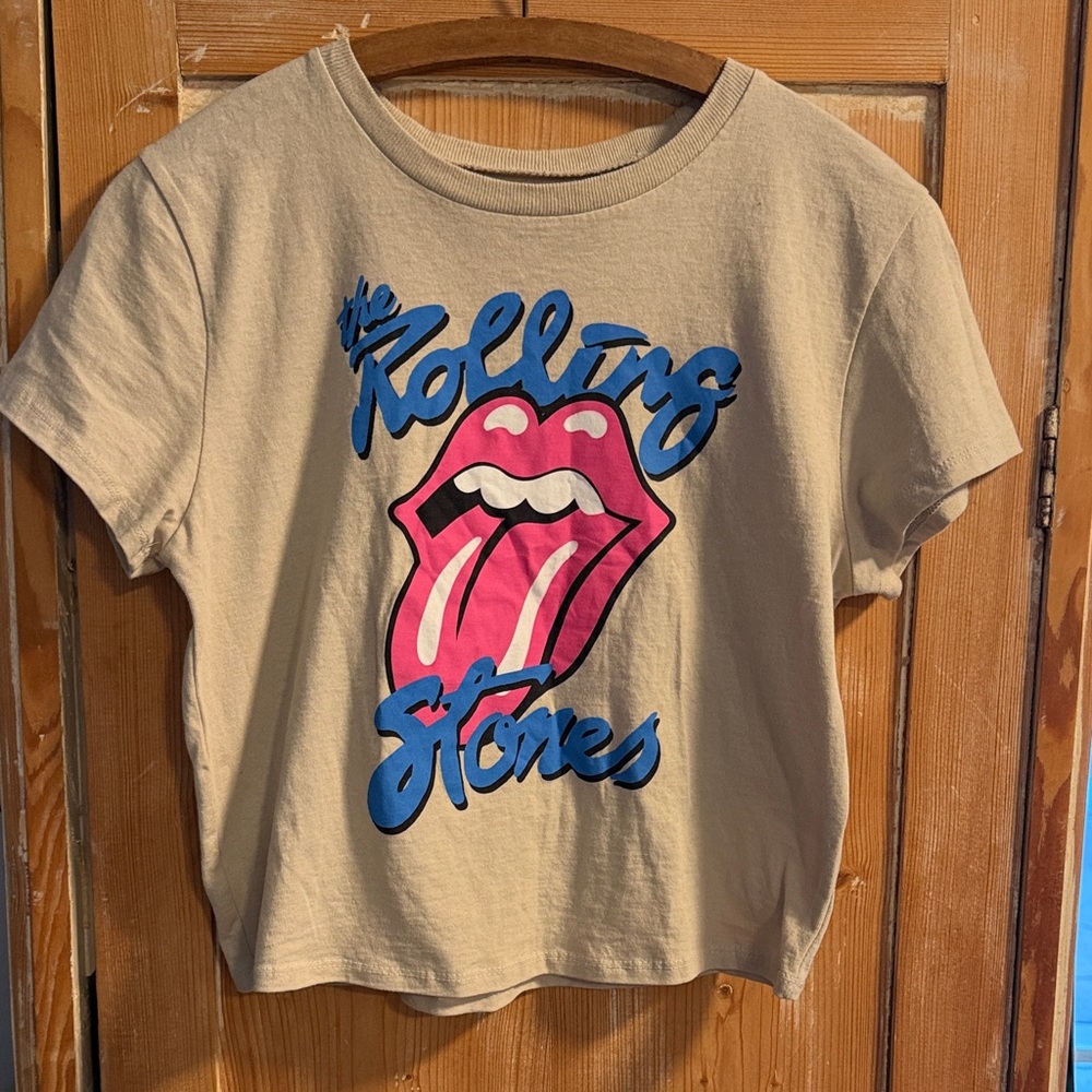 The Rolling Stones Tan Crop Top with Pink and Blue Logo
